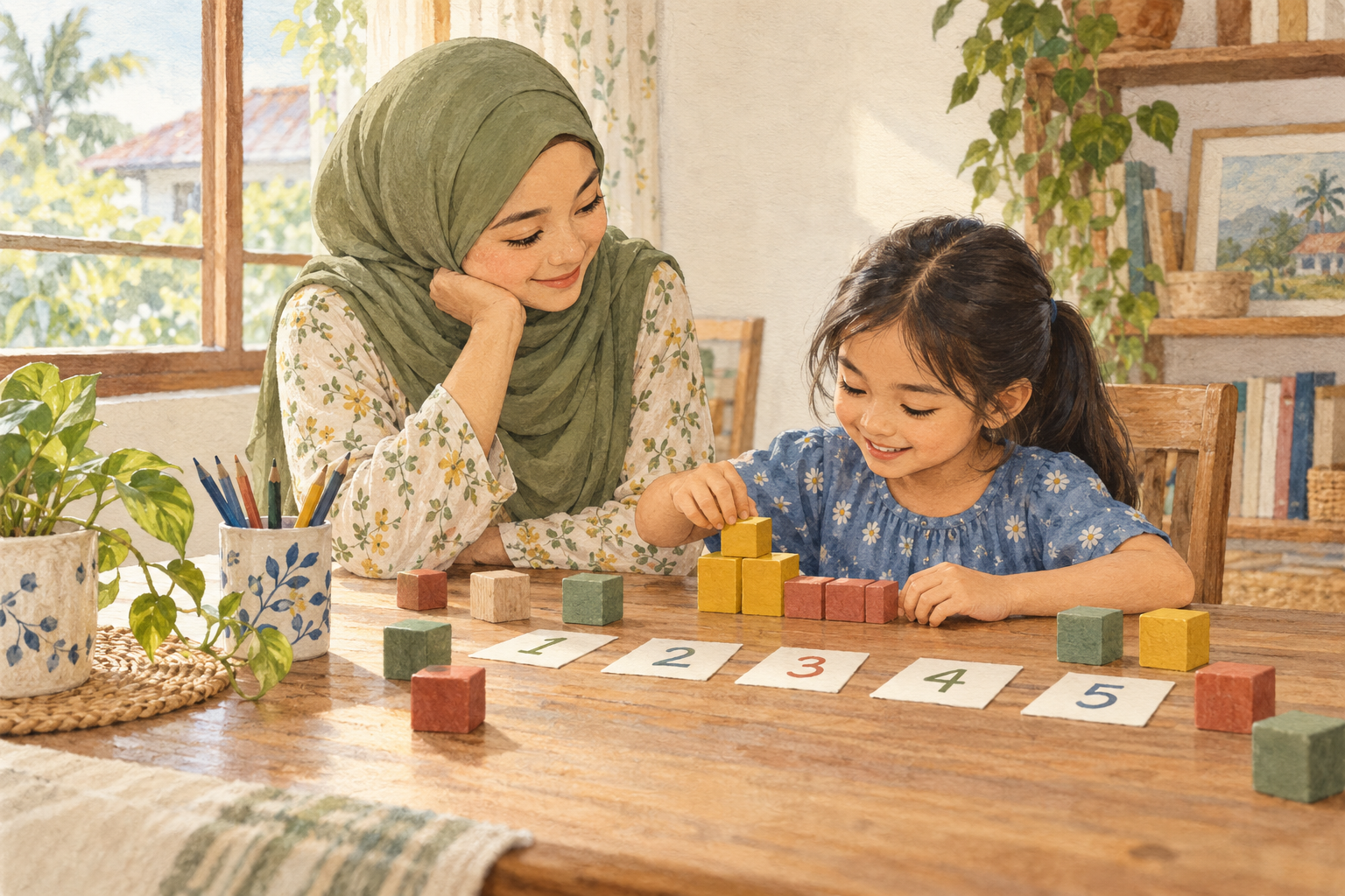 A mother and child learning with counting blocks at their kitchen table